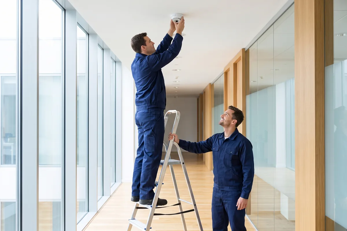 Técnico Firebee na escada instalando o detector de incêndio wireless sem obras