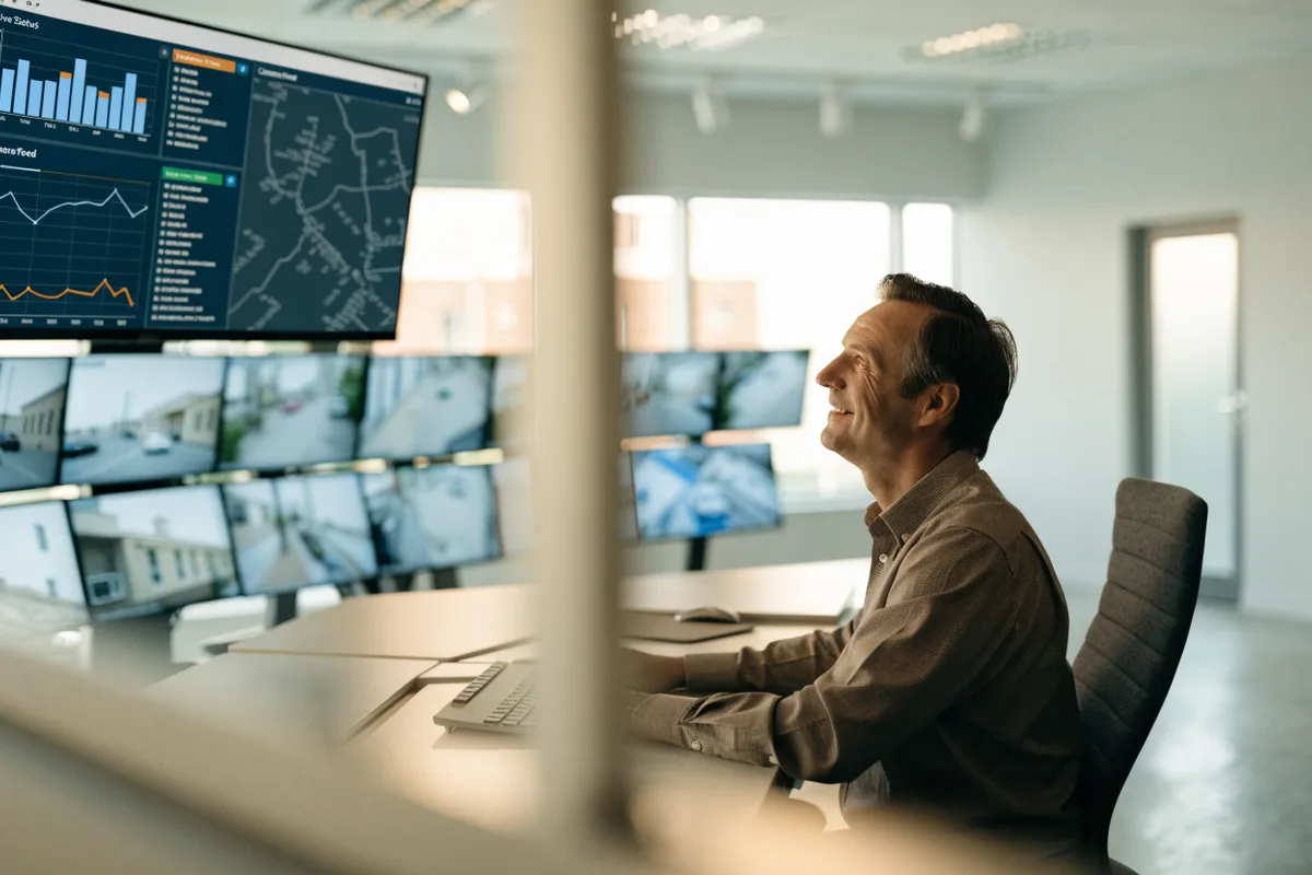Operador Firebee sorrindo monitorando o dashboard legível do sistema de detecção de incêndio