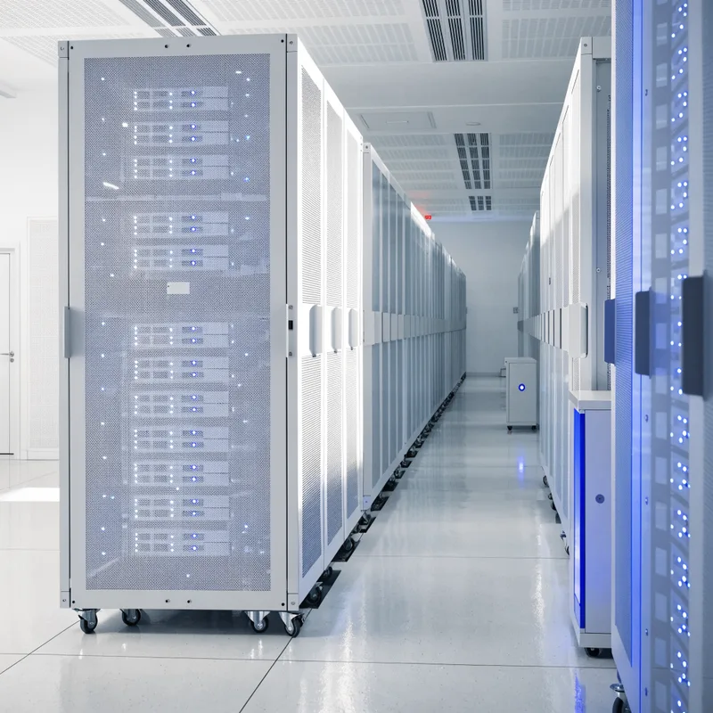 Data center limpo e bem iluminado protegido por sistema de detecção de incêndio Firebee