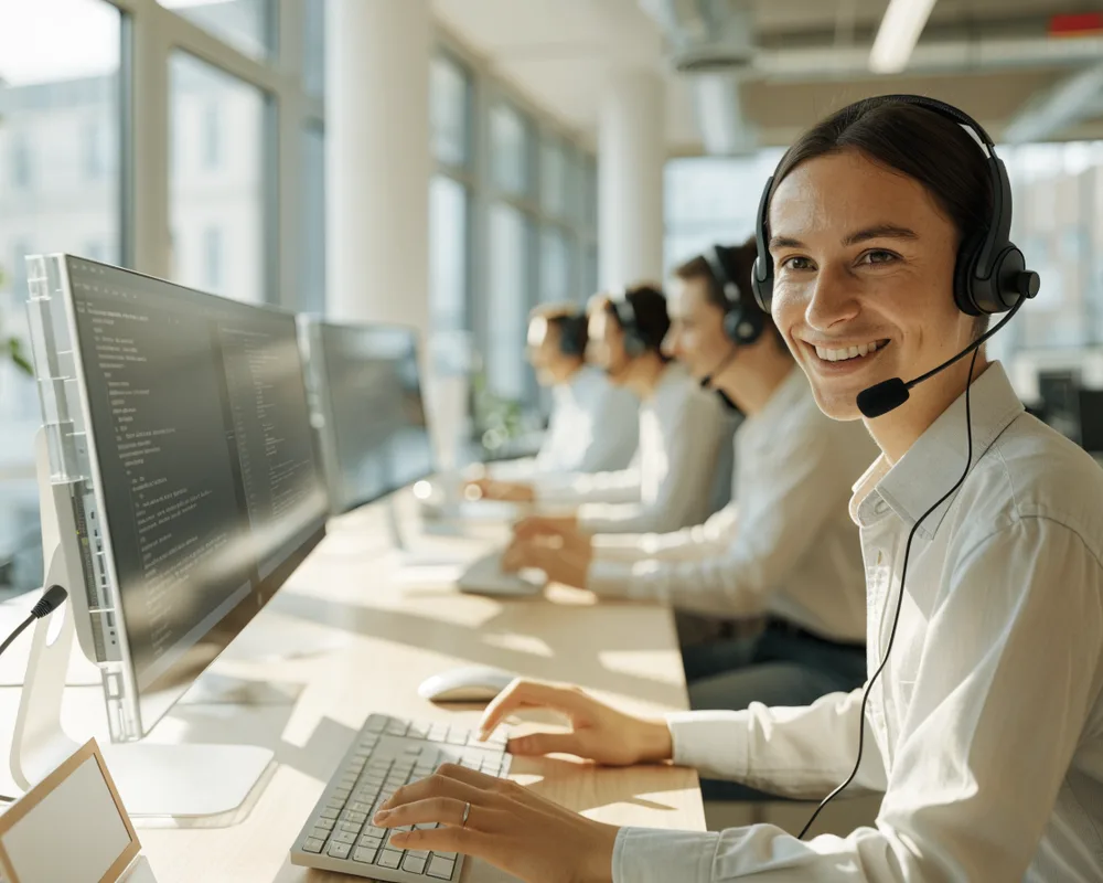 Atendente de suporte Firebee sorrindo com headset em escritório claro